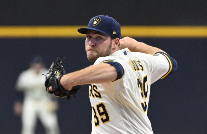 Milwaukee Brewers starting pitcher Corbin Burnes delivers a pitch against the St. Louis Cardinals in the first inning at American Family Field. (2023)
